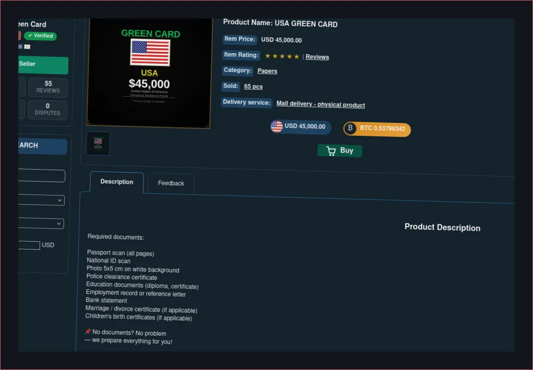 Comparison of scam and real passport costs.